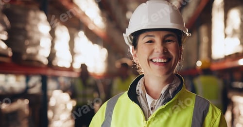 Preview: Portrait, stock and storage with woman in warehouse for distribution, logistics or supply chain man