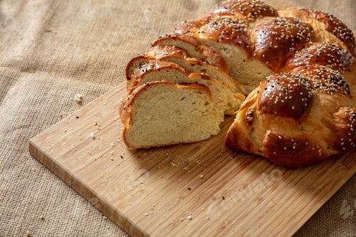 Preview: Easter sweet bread, greek tsoureki, brioche braid slice on table, close up view