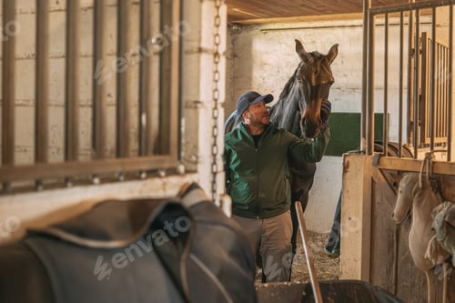 Preview: Man grooming horse, showing animal care and equestrian lifestyle
