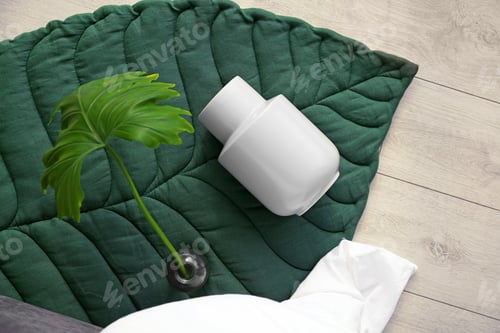 Preview: Beautiful vases and carpet for interior decoration on floor, top view