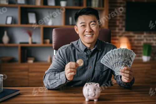 Preview: Satisfied successful mature korean male show bitcoin coin and many dollars at table with piggy bank