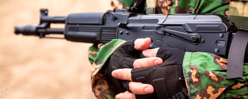 Preview: Close up ukrainian soldier man dressed military disguise camouflage uniform