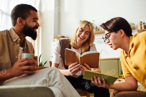 Preview: Engaging discussions among young men at a cozy book club gathering in a stylish home setting