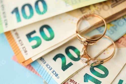 Preview: European union Euro money bills and coins with wedding rings on blue table
