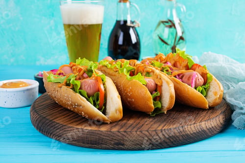 Preview: Hot dog with lettuce, tomatoes and pickled onions. Grilled bun with sausage
