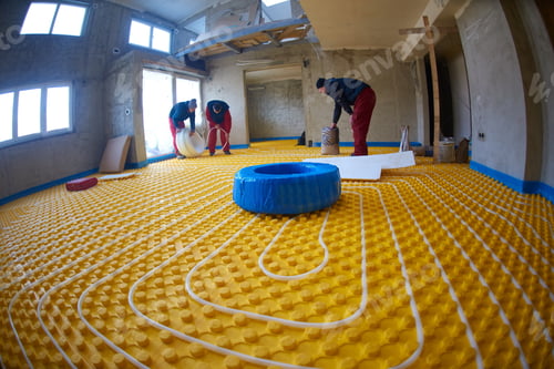 Preview: Grouo Of Workera Installing Underfloor Heating And Colling In Modern Home