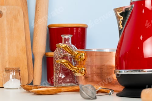 Preview: Kitchen utensils on a modern home kitchen table top