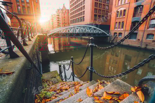Preview: Speicherstadt warehouse district in Hamburg, Germany. Old brick buildings and channel of Hafencity