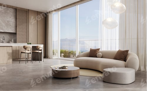Preview: Stylish living room with kitchen in warm natural colors, interior with white sofa 3d rendering