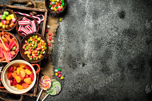 Preview: Various sweets, candies, jelly, marshmallows and candied fruits.