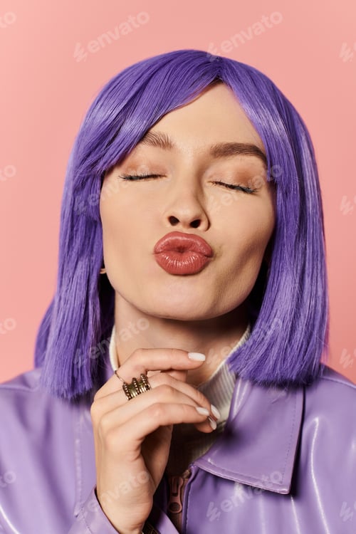 Preview: Vibrant stylish woman with purple hair giving a playful kiss in a pastel backdrop