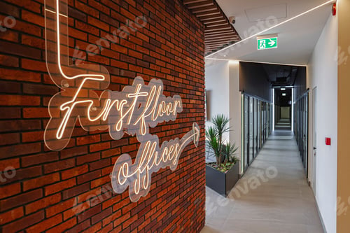 Preview: Long corridor with a brick wall and a neon sign