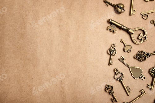 Preview: Old vintage keys on craft paper, flat lay. Space for text