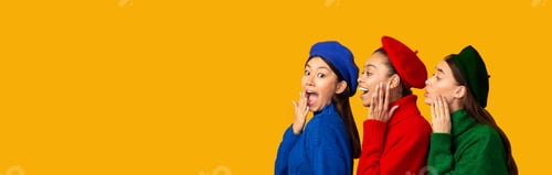 Preview: Three Multiethnic Gossip Girls Whispering Secrets Over Yellow Background, Panorama