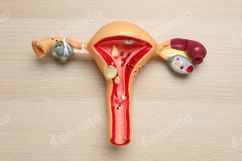 Preview: Anatomical model of uterus on wooden table, top view. Gynecology concept