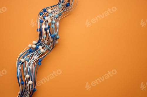 Preview: Orange background with wooden blue decor branch. Backdrop for product demonstration, for writing