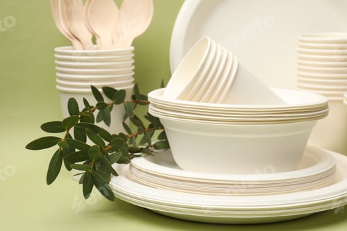 Preview: Disposable tableware and eucalyptus branches on green background, closeup
