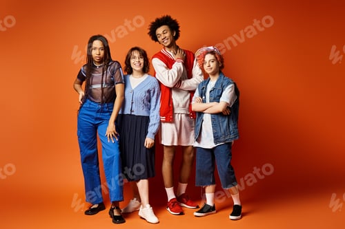 Preview: Radiant bonds: multicultural friends embracing nonbinary individual in studio