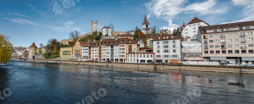 Preview: Panoramic view of Luzern Skyline and Musegg Wall (Museggmauer) - Lucerne, Switzerland