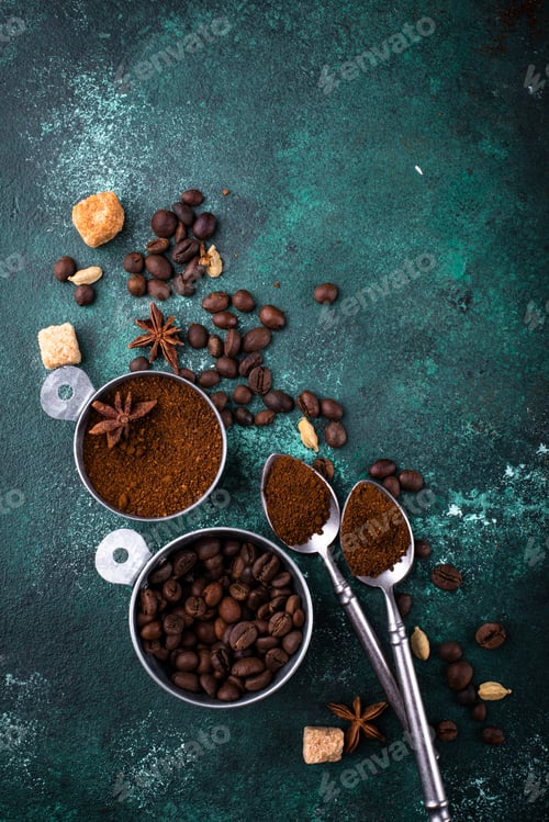 Preview: Grounded coffee, beans, coffe maker and spicces
