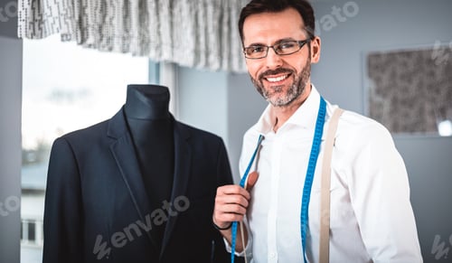 Preview: Smiling tailor shop owner near mannequin, craftsman in sewing workshop