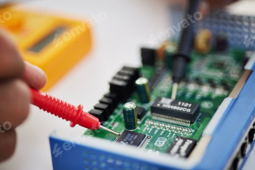 Preview: Closeup, motherboard and engineer solder circuit board for technology, electrical hardware or CPU m