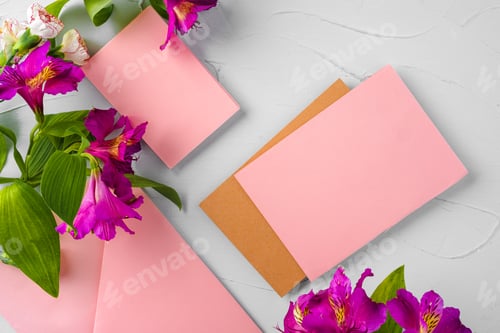 Preview: Top view of a pink paper letter and flowers with copy space