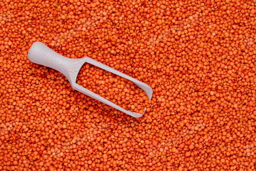 Preview: A heap of scattered red lentils and wooden scoop, top view. Seeds of legume. Kernels