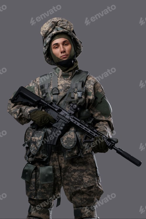 Preview: Modern Soldier holding a weapon against a grey backdrop
