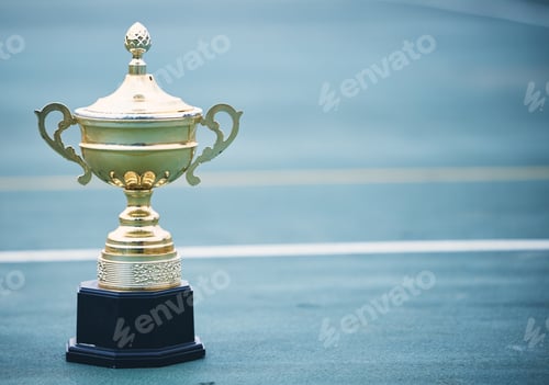 Preview: Sports, award and trophy on the floor with no people at court for success, winner or achievement. P