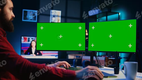 Preview: Freelancer uses photographs retouching program on isolated screen multi monitor computer setup