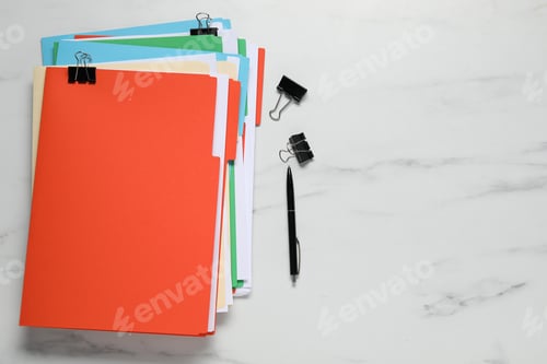 Preview: Many documents in folders with binder clips and pen on white marble table, flat lay. Space for text