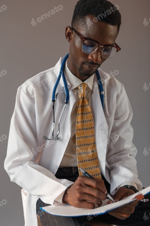 Preview: Handsome Guy Doctor In White Lab Coat With Stethoscope On White Background
