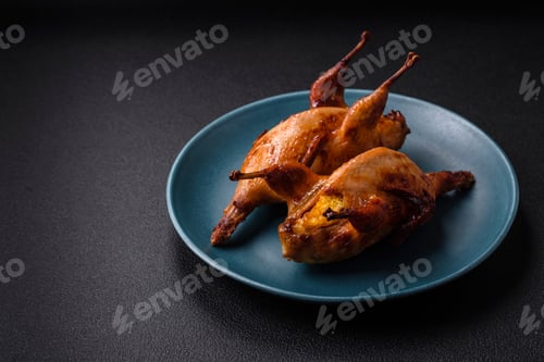 Preview: Roasted quail, partridge or pigeon stuffed with orange with spices and herbs
