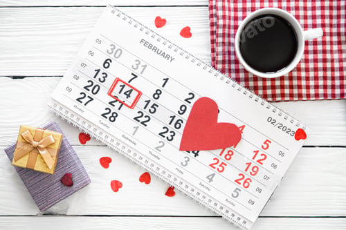 Preview: Valentine's Day background, date February 14 on calendar, flat lay, top view.