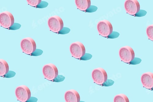 Preview: Trendy sunlight Summer pattern made with pink clock on bright light blue background.