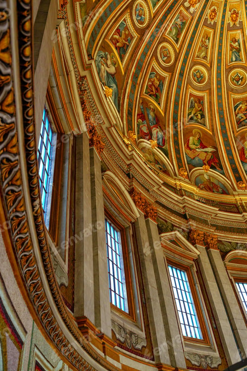 Preview: Beautiful ceiling design in a historic church with bright windows and detailed art work
