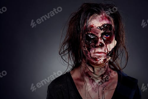 Preview: Scary zombie on dark background, space for text. Halloween monster