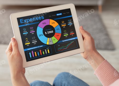 Preview: Lady with digital tablet, calculating her monthly spendings, copy space