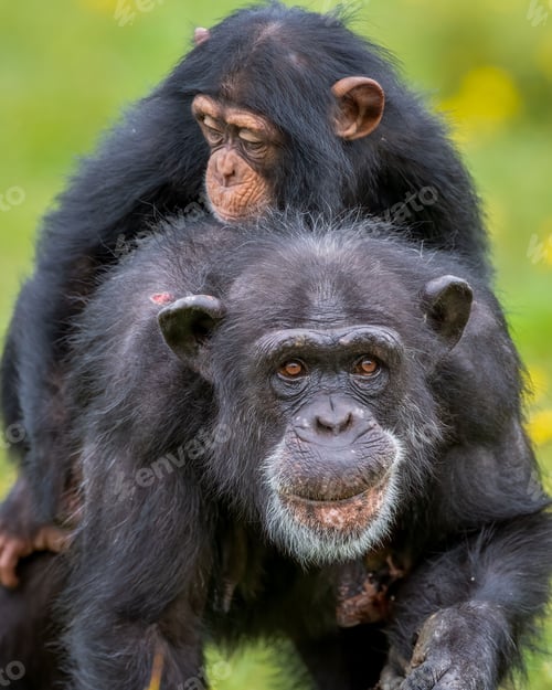 Preview: Chimpanzee carrying young in lush green setting