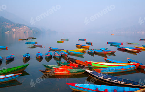 Preview: Colorful wooden boat at Fewa lake, Pokhara, Nepal.