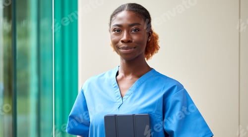 Preview: Portrait Of Smiling Female Nurse Or Doctor Wearing Scrubs With Digital Tablet