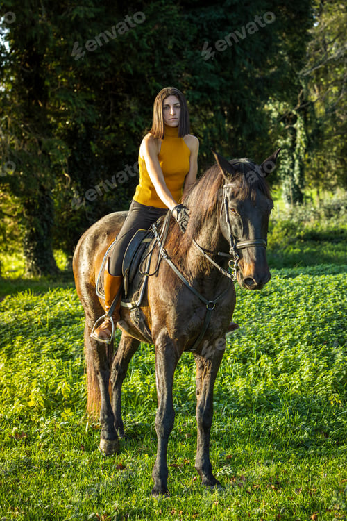 Preview: Woman riding a black horse in a lush green field. Lifestyle. Horse riding.