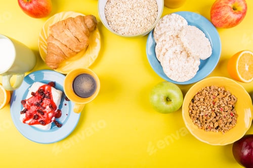 Preview: Healthy Breakfast. Various Assortment Set. Orange Juice, Granola, Croissant, Coffee and Fruit.