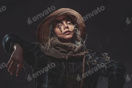 Preview: Awful scarecrow posing in dark background with hat
