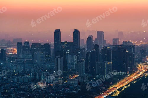 Preview: Crowded financial skyscraper building with rush traffic in the morning at Bangkok city