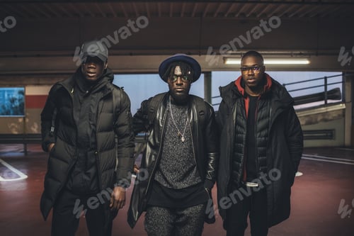 Preview: three young black men posing in a parking lot looking away