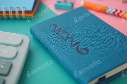Preview: Notebook and stationery on a colorful desk for study