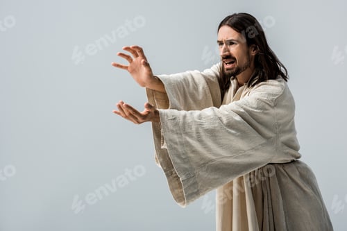 Preview: scared religious man gesturing isolated on grey