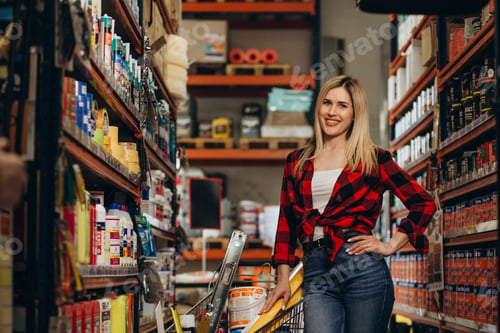 Preview: happy female customer shopping in hardware store.
